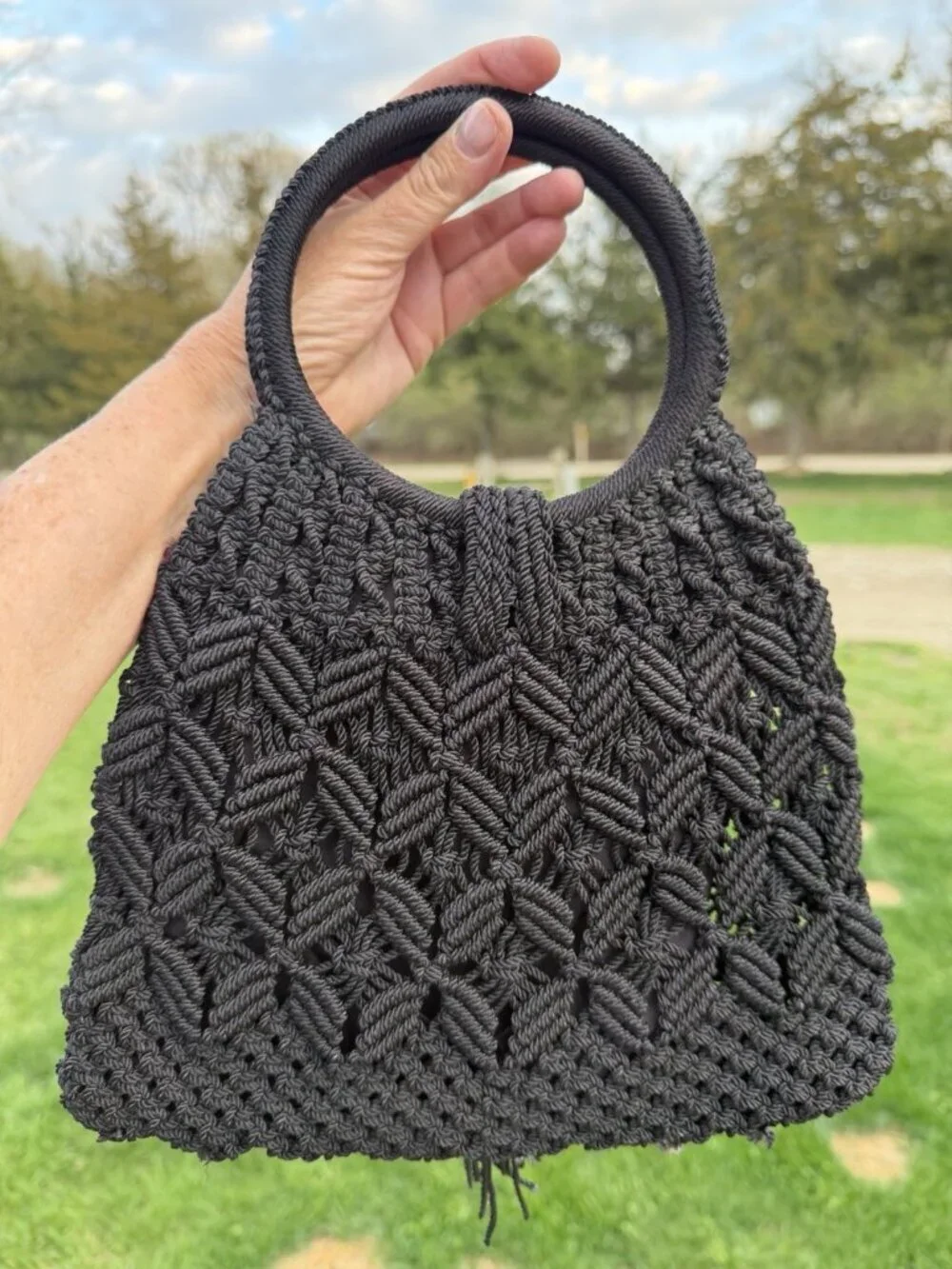 Vintage 70s black crochet top handle fringe bag festival indie retro